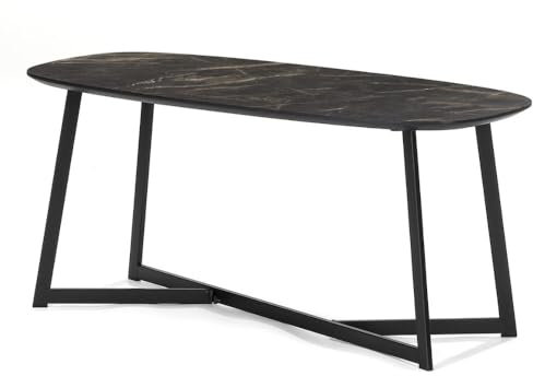 LEBENSwohnART Design Couchtisch Turin 90cm dunkle anthrazit Marmor-Optik schwarzes Metallgestell Sofatisch