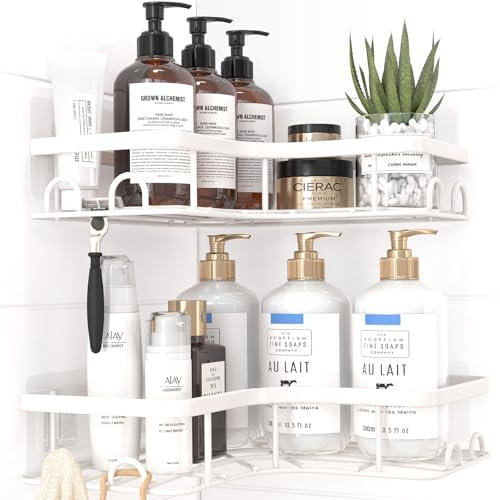 Kitsure Duschablage Ohne Bohren - 2 Stücke Rostfreies Duschgel Halterung Ohne Bohren Duschablage Ecke Mit 4 Haken Seifenschale Und Rasiererhalter, Langlebiges Duschregal Ohne, Weiß