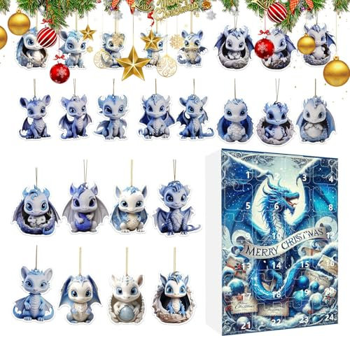 Drachen Adventskalender 2024, 2024 Weihnachts-Drachen -Countdown-Kalender, 24 Tage Weihnachts Countdown Kalender mit 24 Drachen-Acryl-Hängeanhänger Für Kinder & Adults