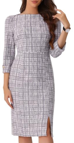 Allegra K Women Elegant Tweed Boat Neck 3/4 Sleeve Work Pencil Sheath Dress | Split hem design. Suitable for office, church, party. Flattering fit. Comfortable fabric feel.