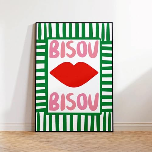 Baibexing Maximalistische Eklektische Rosa Französische Zitate Bisou Bisou Bonjour Bonne Nuit Wandkunst Leinwand Malerei Poster Wohnzimmer Home Decor A1 50X70Cm Kein Rahmen
