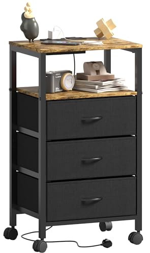 Lutown-Teen Nachttisch mit Ladefunktion, 3 Schubladen, Beistelltische mit Rollen, Nachttischschrank mit 2 AC-Steckdosen und 2 USB-Anschlüsse für Wohnzimmer, Schlafzimmer, Vintagebraun