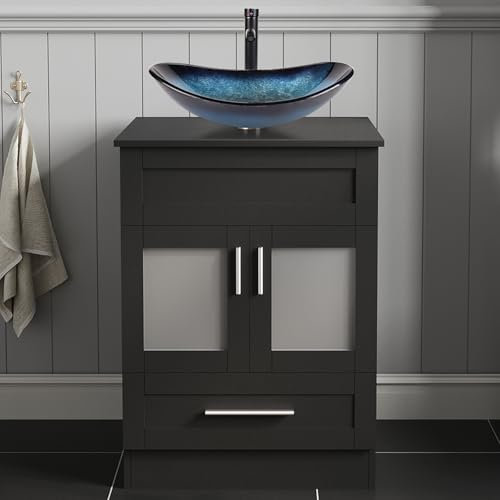 ARTETHYS Bathroom Vanity Unit with Basin, 60cm Bathroom Sink Cabinet with 2 Doors and a Drawer, Black Cloakroom Cabinet Free Standing with Blue Countertop Basin