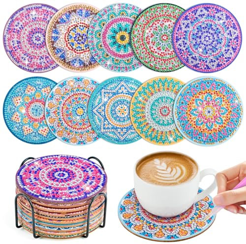 WuGU 10 Pièces Peinture Diamant Dessous de Verre, 10 cm Dessous de Verre en Liège Rond, Mandala sous-Verres Art de Diamant avec Support, Tapis de Tasse Mandala en Bois pour Tasses, Vases, Cadeau-E