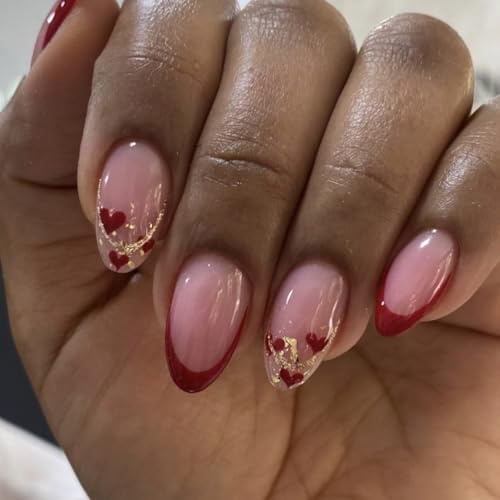 Press on Nails Kunstnägel, kurze Mandelform, französische Spitze, Herz, glitzernd, glänzend, zum Aufkleben, 24 Stück, für Valentinstag
