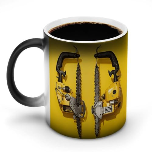 AQRJLPM Yellow Two Chainsaws Coffee Mug Novelty Ceramic Mug Heat Sensitive Color Changing Cup Funny Discoloration Mug for Men Women Art Mug for Xmas Holiday Funny Gifts