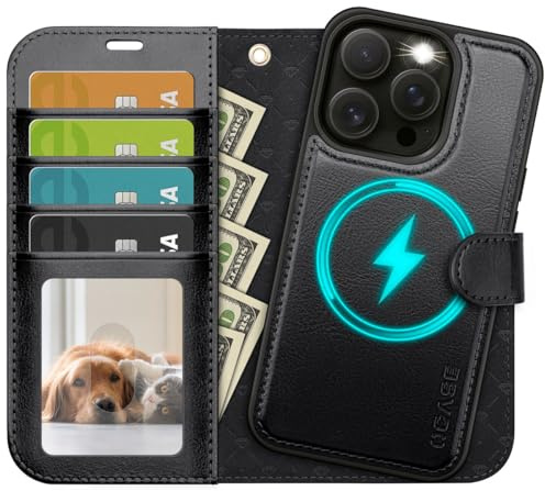 OCASE iPhone 14 Pro Max Hülle(2in1) Leder Stoßfestes Case, Abnehmbare magnetische Hülle, MitHandschlaufe, Kabelloses Laden, Kartenfach, Standfunktion, Handyhülle RFID Schutzhülle Klapphülle Schwarz