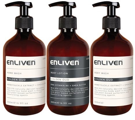 Enliven Luxe Golden Oud Handwash, Shower Gel & Body Lotion Bundle - 500mlx3 Toiletries Set - Luxury Hand Wash, Body Moisturiser & Shower Gel - Bath & Shower Bundle