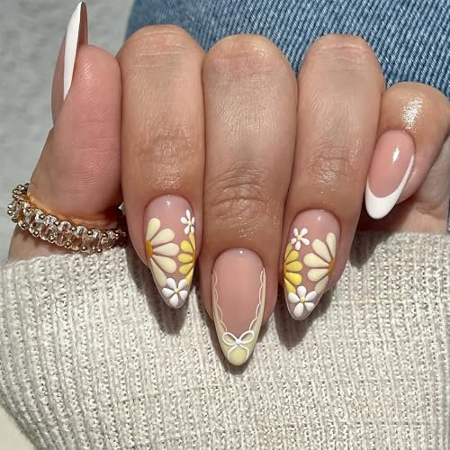 24PCS French False Nail Tips - Short Almond Press on Nails with Cute Flower Design - Glossy White Tip Summer Fake Nails with Glue - Removable Almond Glue-on nails for Women Manicure