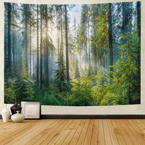 BCughia Wandbehang 350 x 256 cm Natur, Wandteppich Wald Nebel Landschaft Grün Wall Tapestry Wanddeko für Schlafzimmer Wohnzimmer