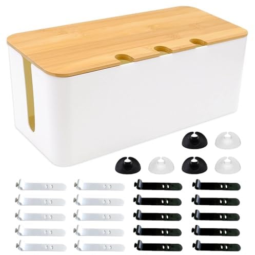 Kabelbox, 32 x 13,6 x 12,7cm Kabelmanagementbox mit Holzdeckel für Kabel, Kabel Organizer Box mit Kabelbinder und Kabelhalternfür, für Ladekabel, Weiß