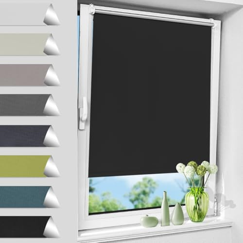 Allesin Verdunklungsrollo ohne Bohren, Schwarz B80 x H100 cm, Thermorollo Klemmfix, Fensterrollo Klemmrollo easyfix Verdunkelung Rollos Sichtschutz und Sonnenchutz, Seitenzugrollo für Fenster & Tür