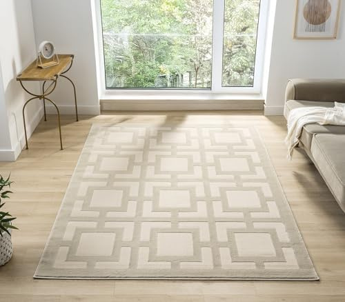 Vellure Modern Metallic Living Room Area Rug, Maze Cream, 160x230cm