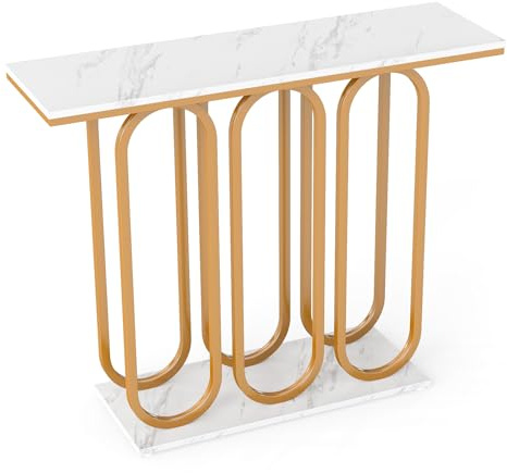 Multigot 100cm Console Table, Faux Marble Entryway Foyer Table with Metal Frame & Anti-Tipping Kits, Narrow Accent Sofa Side Table Behind Couch for Hallway, Corridor, Living Room (Gold+White)