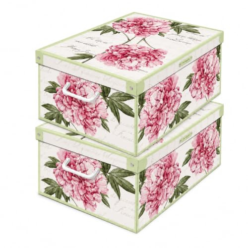 Set aus 2 Aufbewahrungsboxen mit Deckel – Große Kleiderboxen aus Karton 32x42x17,5 cm – Made in Italy, robust, leicht zu montieren, mit Tragegriffen – Perfekt für Kleiderschrank & Saisonwechsel Peony