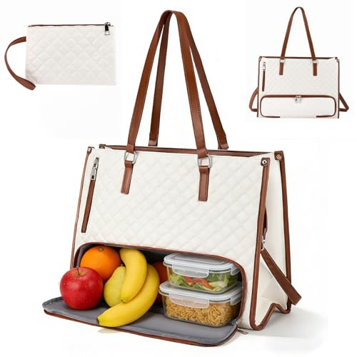 Mekturm 2 in 1 Lunch Tote Bag for Women, 15.6 Inch Laptop Bag with Insulated Lunch Compartment, Quilted Large Capacity Tote Bag for Women, Stylish Handbags with Purse for Business, Work