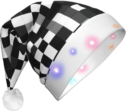 EdWal Bonnet de Noël lumineux à motif à carreaux noir et blanc avec lumières LED, chapeau de Père Noël d'hiver unisexe