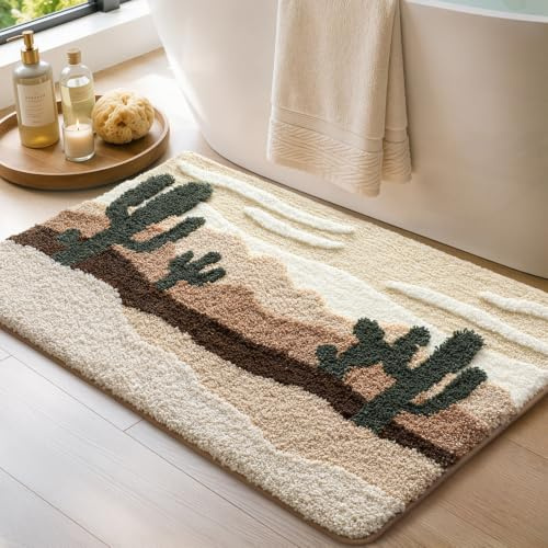 DEXI Badematte 50 x 80 cm, rutschfeste weiche Badezimmerteppich, saugfähig, waschbare Badteppich für Duschboden, Badewanne, Beige mit Kaktusmotiv