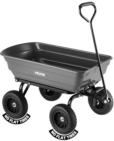VEVOR 4 Cu.Ft 600LBS Poly Garden Cart Dump Wagon, 4 Wheel Heavy Duty Wheelbarrow with 10 Flat Free Tires, Yard Cart Dump Wagon with Quick-Release System