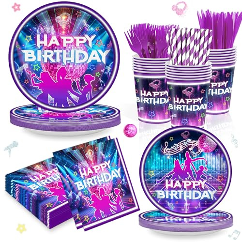 168 Pieces Musical Dance Party Decorations and Tableware Set, Serves 24 Disposable Napkins, Cups, Knives, Forks for Girls Birthday, Music Theme Party, School and