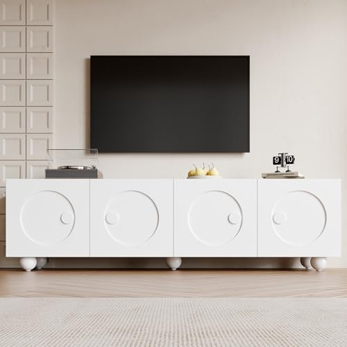 RAPRAP 180cm Tv Schrank Holzoptik mit 3D-Rundrelief - Tv Lowboard Stehend Mattweiss mit Mehrtürigen Fächern, Fernsehschrank mit Flachem Standfuss, Tv Kommode für Skandi-Stil (F)