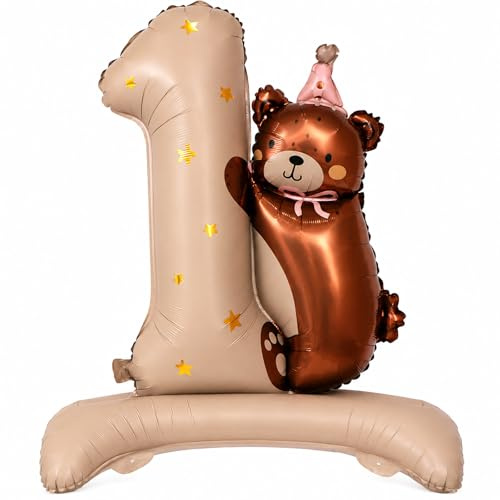Gleemix Luftballon Geburtstag 1, Bär Folienballon XXL, Khaki Teddybär mit Standfuß Selbststehend Luftballon, für 1. Geburtstag Mädchen, Kindergeburtstag, 97x75cm