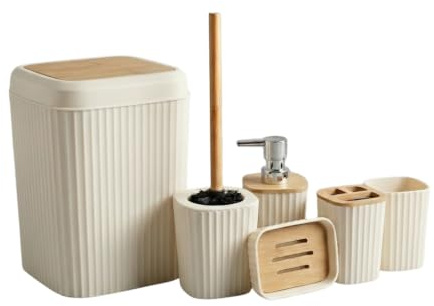 G.mütlich Badaccessoires Set 6-teilig, Badezimmer Badset Deko Holz, Beige | Inkl. Kosmetik-Mülleimer, WC-Bürste, Zahnputzbecher, Becher, Seifenspender & Seifenschale