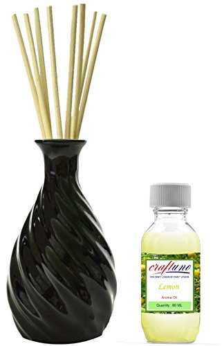 Royal Handicrafts Handcrafted Premium Ceramic Pot Reed Diffuser - Ethnic Spiral Design Black Gloss Finish - Free Lemon Aroma Oil 60 ml & 8 Reed Sticks (8 inches)