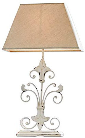 LOBERON Tischlampe Alvara, fein verzierter Fuß mit Antik-Finish, Tischleuchte im romantischen Design, mit Kippschalter, Wohn-Accessoire, Nachttischlampe, MDF, Leinen, beige/antikweiß