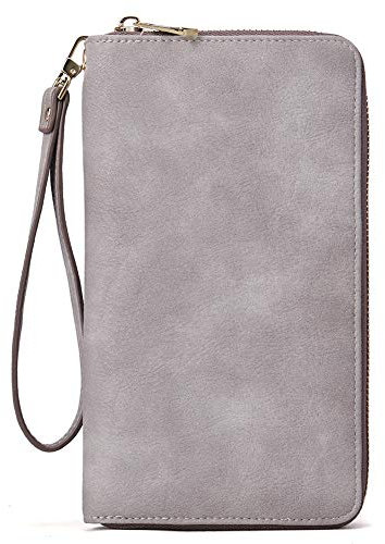 CLUCIGeldbörse Damen Leder Gross Frauen Clutch Portemonnaie Groß Geldbeutel Lang Portmonee mit Kartenfächer , Grau21-nubuk Grau, large