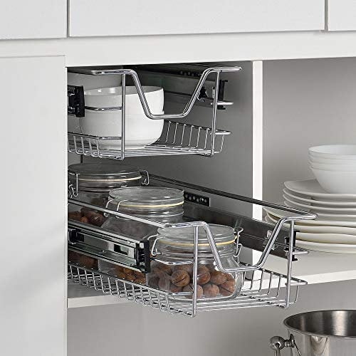 2 x Cesto Extraíble para Armario de Cocina o Baño 37 x 44 x 14 cm Con Rieles Telescópicos Cajón para Almacenar Set de Bandejas de armario Color plata