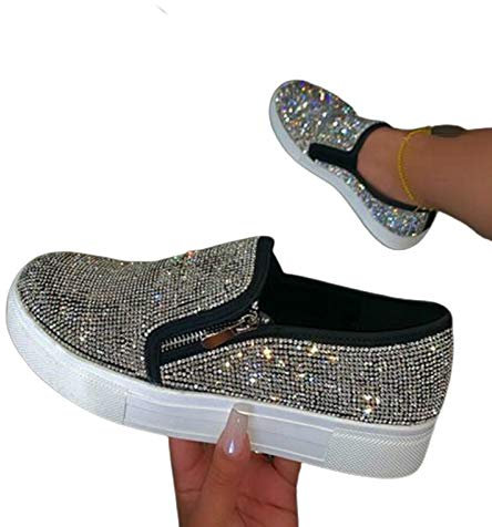 Damenschuhe, Stilvolle Damen Slip On Shiny Strass Zipper Platform Schuhe Low-Cut-Sneakers Schwarz 38