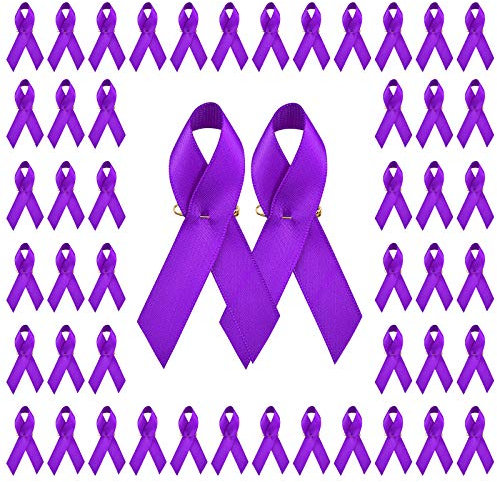 Wandic 100 spille a forma di nastro in raso con spilli per sensibilizzazione sul cancro al pancreas, Alzheimer, lupus, violenza domestica, 7,5 x 4 cm, colore: viola