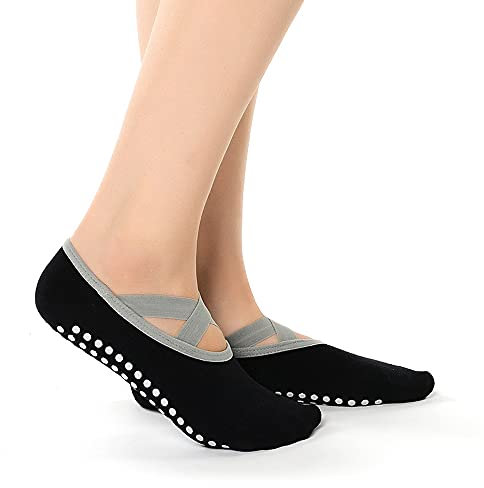 VITTO Yoga-Socken für Damen, rutschfeste Griffe und Riemen, ideal für Pilates, Pure Barre, Ballett, Tanz, Barfuß-Workout, Schwarz , Einheitsgröße