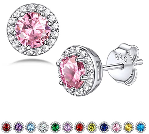 Bestyle 925 Sterling Sliver Birthstone Stud Earrings for Women Halo CZ | Hypoallergenic Heart/Round/Teardrop/Square Earings Jewellery, Valentines/Christmas/Birthday Gift for Women Teen Girls