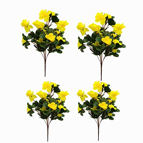 4 Bunches Of Beautiful DIY High-Imitation Artificial Azaleas Flower Decorative Silk Flower Home Outdoor Decoration (Yellow)