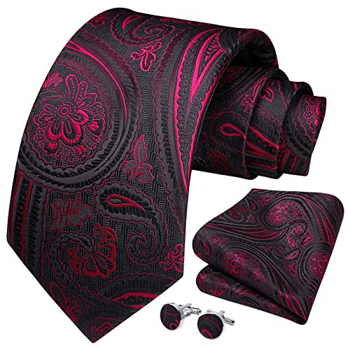 HISDERN Paisley Krawatten Set für Herren, Einstecktuch, Manschettenknöpfe, Seide,Krawatten-Set mit Einstecktuch für Hochzeitsfeiern