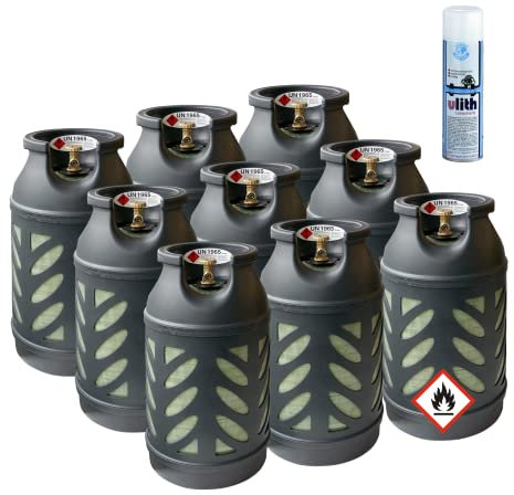 Bluecraft 9x Premium Eigentums Propangasflasche 10 kg gefüllt inkl. Lecksuchspray für Camping, Gasgrill, Gaskocher