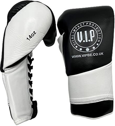 VIP Vital Impact Protection Athena 2 - Guantes de Boxeo con Cordones de Cuero para Hombre, para competición, Artes Marciales, Artes Marciales, Fitness, Entrenamiento, Boxeo, Blanco/Negro, 16 onzas