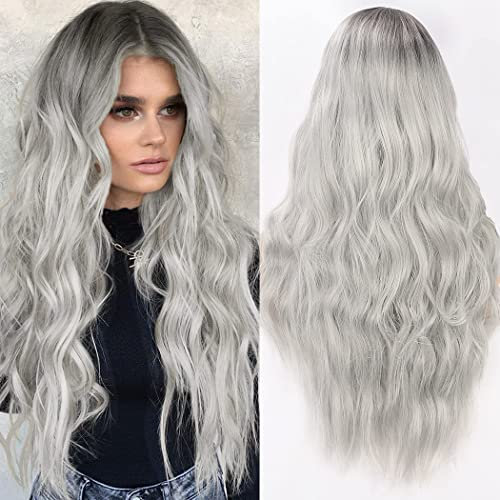 TANTAKO Lange Grau Ombre Perücke mit Kleinem Tieferem Mittelteil Lace Spitze Gewellte Lace Front Perücke für Frauen Tägliche Synthetische Perücke (368 Grau Ombre)