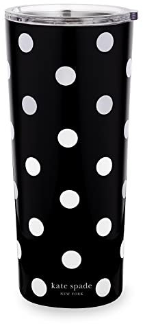 Kate Spade New York Cute Stainless Steel Mug, 24 Ounce Travel Tumbler, Double Wall Insulated Cup with Lid, Picture Dot (Black/White)