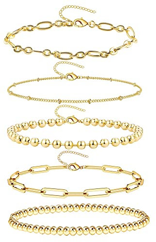 ALEXCRAFT 14K Armband Damen Gold Set Schmuck Gold Perlenarmband Damen Armkette Damen Gold Valentinstag Muttertagsgeschenke Geburtstags Weihnachten Geschenk für Frauen Freundin Mama Mädchen (5 Stück)