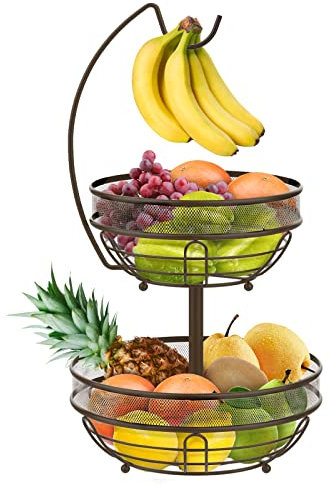 Bomclap 2 Stöckig Obst Etagere - Obstkorb mit Bananenhalter - 2 Etagen Küche Obstschale aus Metall - Abnehmbare Stehend Obstschalen - Täglicher Küche Lagerung Obstkörbe Gemüsekorb - Bronze