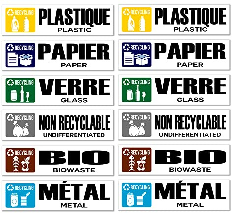 GamesMonkey® - Autocollants pour le tri sélectif recyclage des déchets - FR - v1 - Imperméables, lavables Illustrés - Français Anglais - Vinyle brillant DH (25 x 8 cm, 12 pièces)