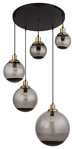 Globo Pendelleuchte Wohnzimmer 5 Flammig Esszimmerleuchte Hängeleuchte Industrial schwarz, Glaskugeln rauch Messing, 5x E27 Fassungen, DxH 65x150 cm