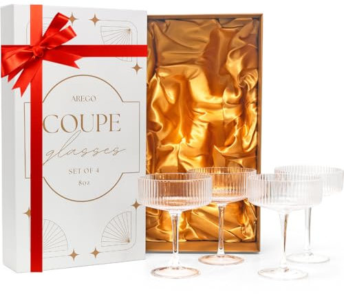 arego Hand Blown 8 oz Coupe Glasses Set of 4, Vintage Ribbed Cocktail Glasses for Martini, Champagne, Espresso Martini, Margarita, Manhattan & Desserts, Lead-Free Art Deco Barware Gift Set