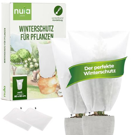 nuia Winterschutz für Pflanzen 2er Set 80x60 cm Frostschutz Pflanzenabdeckung - Atmungsaktiver Anti-Frost Schutz für Olivenbäume UVM. - reißfest und waschbar - Überwinterungsschutz für Kübelpflanzen
