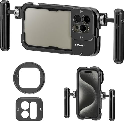 NEEWER 15 Pro MAX Phone Cage Video Rig con Dual Handles Compatible con iPhone 15 Pro MAX,Adaptador Filtro 67mm,17mm Lens Backplane,Estabilizador Smartphone Jaula Teléfono Rig para Grabación,PA024K