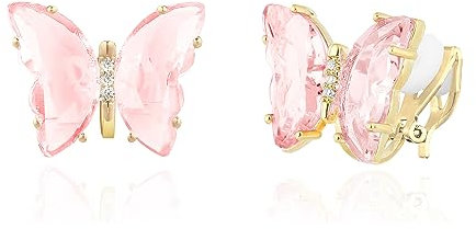 QUKE Boucles d'oreilles à clip en forme de papillon en cristal rose doré non percé pour femmes et filles, Zinc