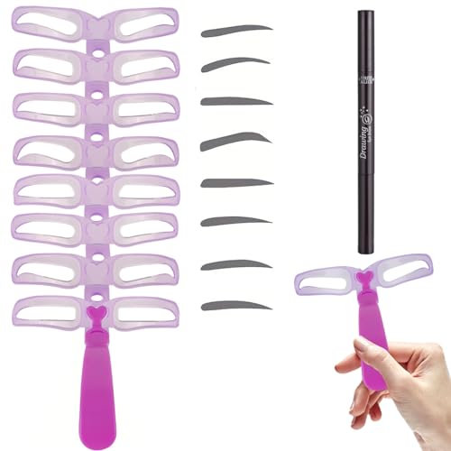 AYNKH 8 Stencil per Sopracciglia per Principianti con Manico, Riutilizzabili, Strumento per Il Trucco Fai-da-Te per Ragazze e Donne (con 1 pc Matita per Sopracciglia)